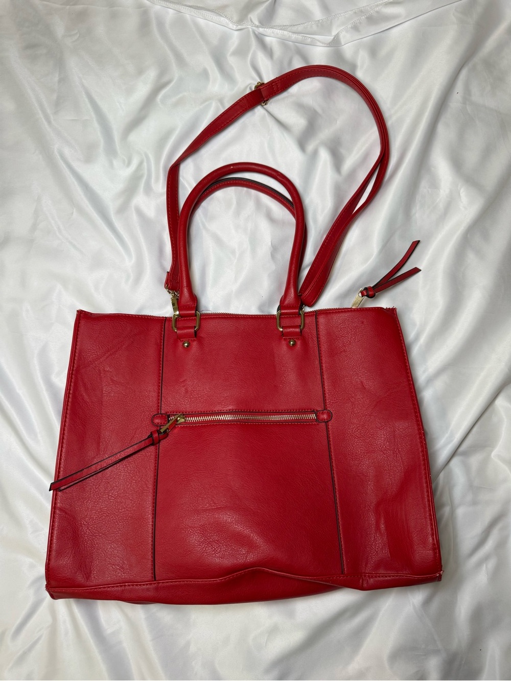 Merona Red Women's Tote Bag with Front Zip Pocket Gold Hardware